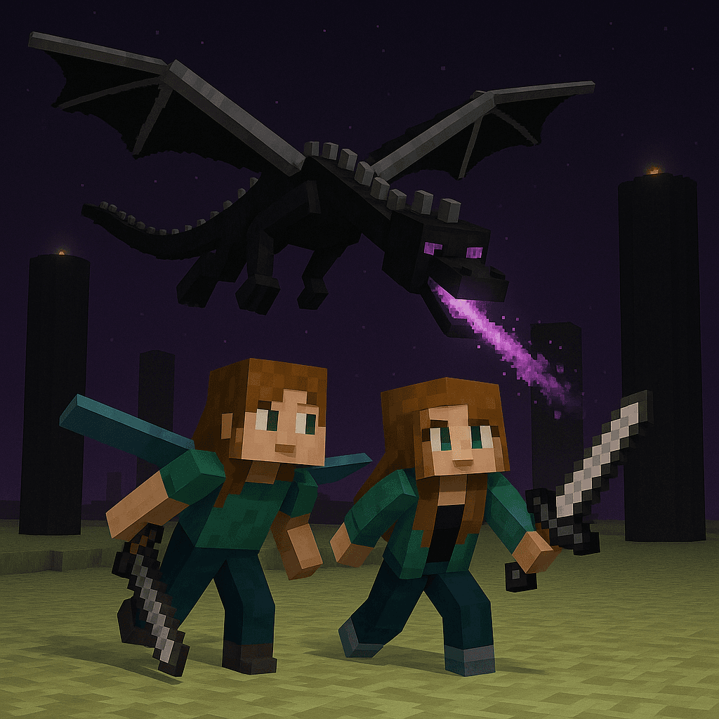 Two characters preparing to face the Ender Dragon together in Minecraft