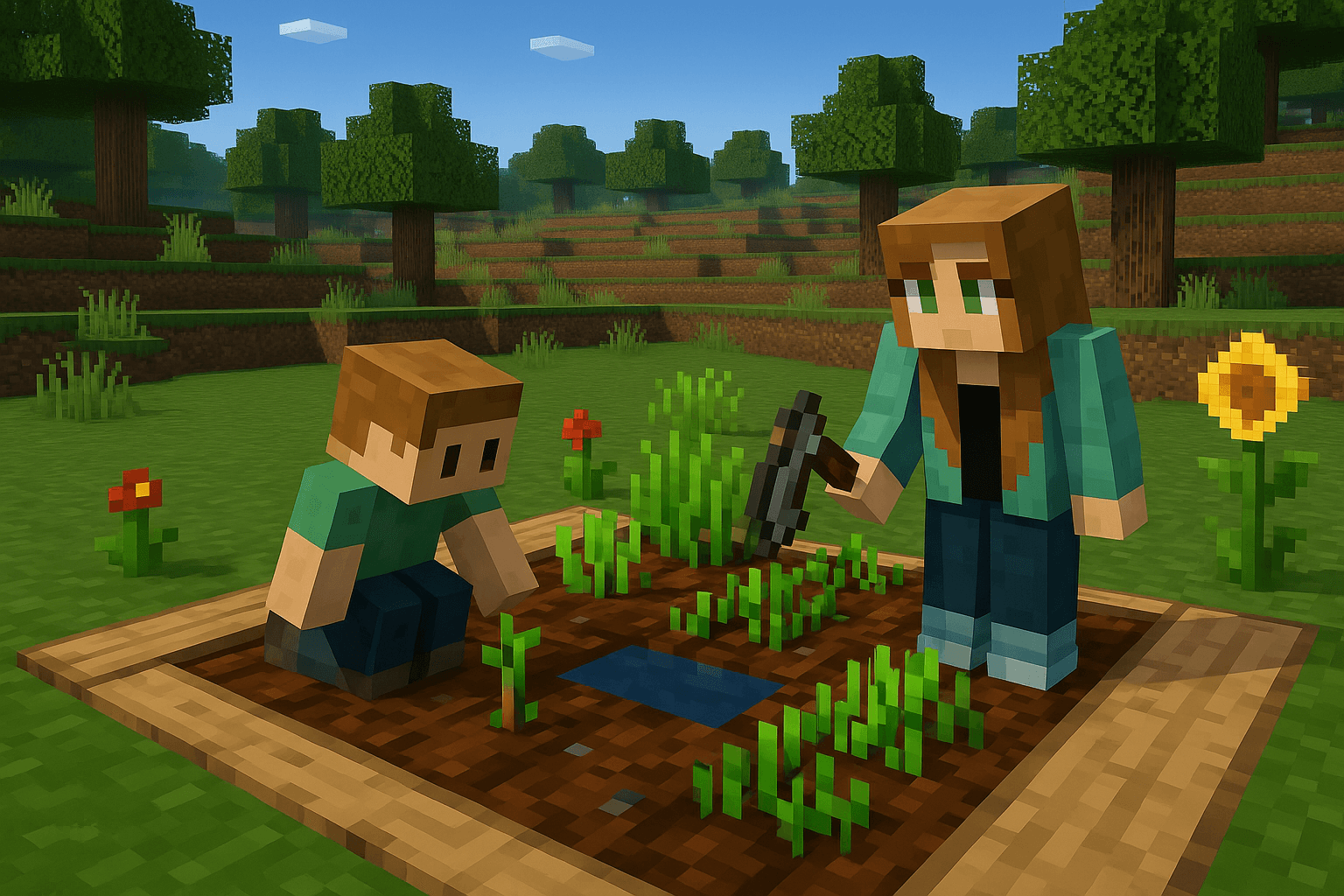 Two characters working together on a garden in Minecraft, demonstrating planning and resource management