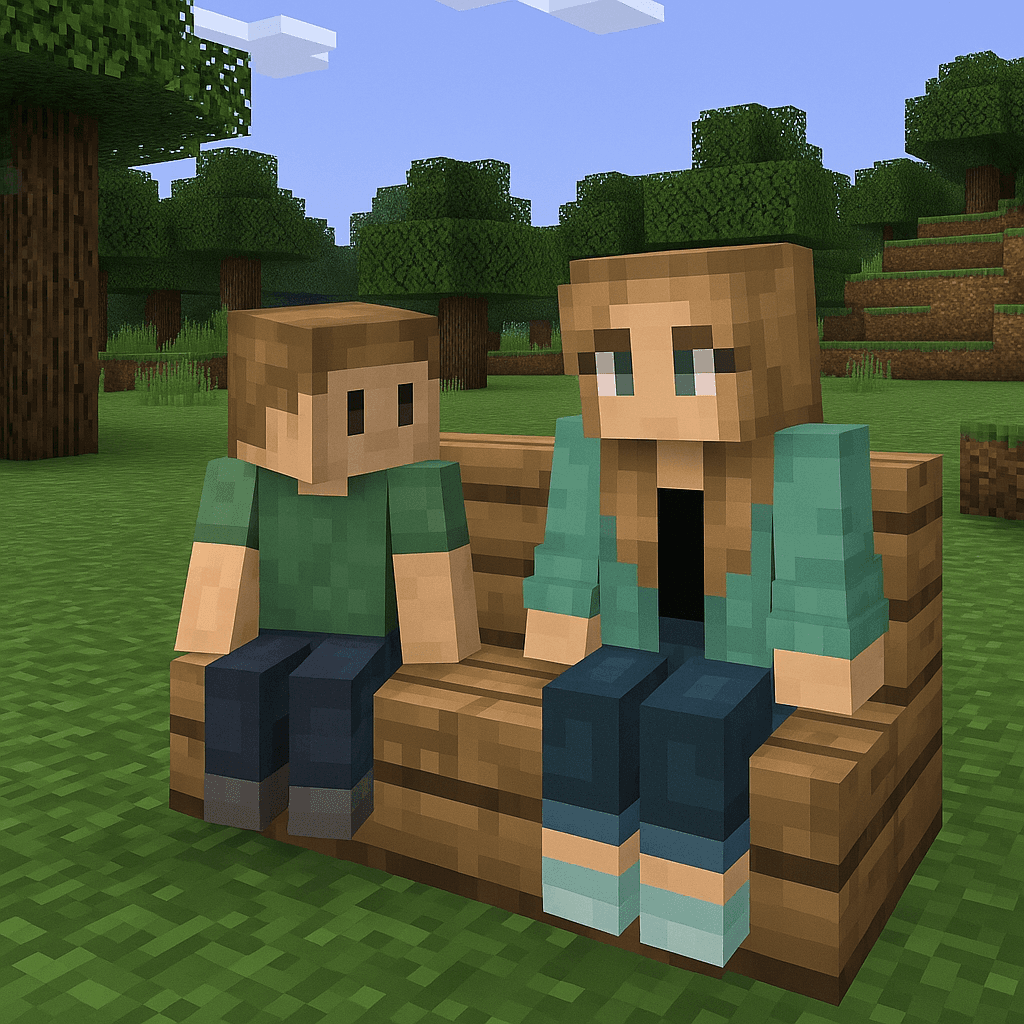 Life coach and teen client sitting together on a bench in Minecraft, demonstrating side-by-side coaching