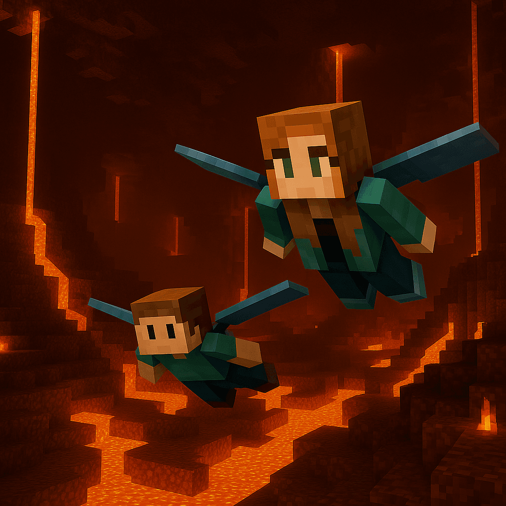 Two characters navigating through a dangerous lava-filled Nether environment in Minecraft